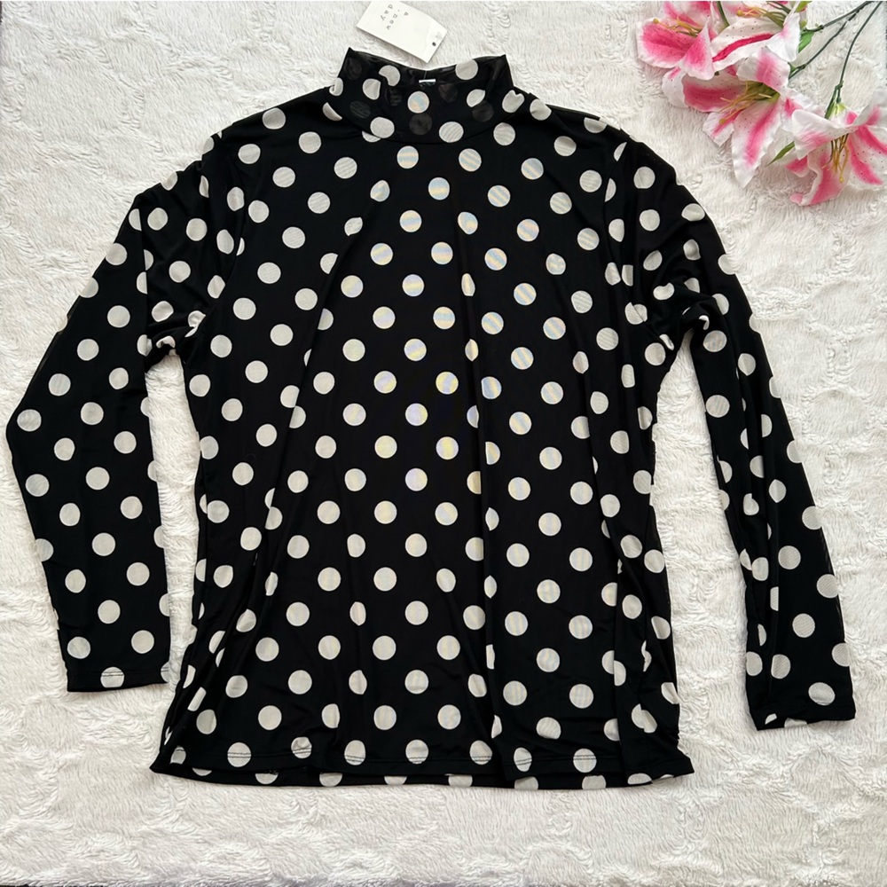 A New Day - Mock Neck Mesh Fabric Black & White Polka Dotted Long Sleeve Top